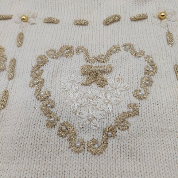 Work In Progress Women’s Ivory Sweater Size XL 18 / 20 Beaded Hearts Bow - Picture 12 of 12